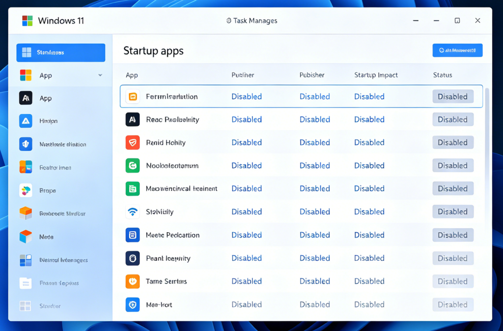 Startup apps list for Windows 11 optimization settings