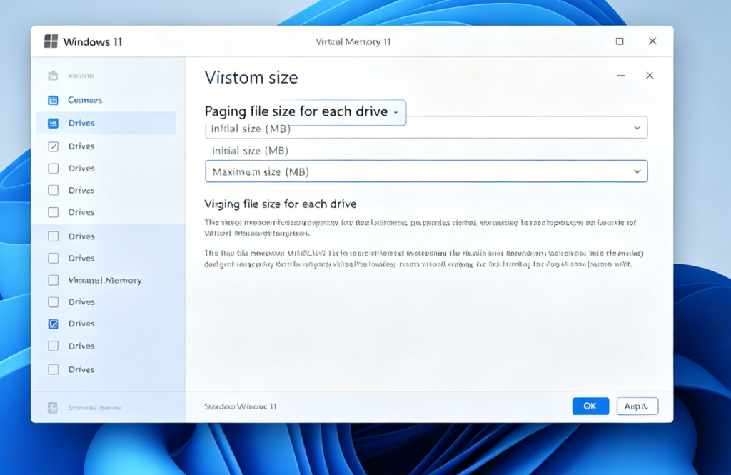 Virtual memory configuration for Windows 11 optimization settings